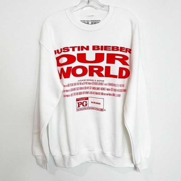 Justin Bieber Our World White Red Sweatshirt Unisex Size Medium - Picture 1 of 4